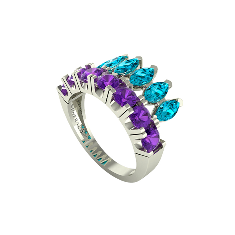 Anel Hera em Ouro Branco 18k com Topázio Swiss e Ametista