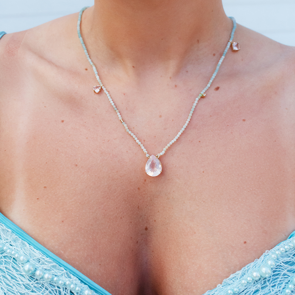 Escapulário Ho'oponopono em Ouro Amarelo 18k com Amazonitas e Quartzo Rosa