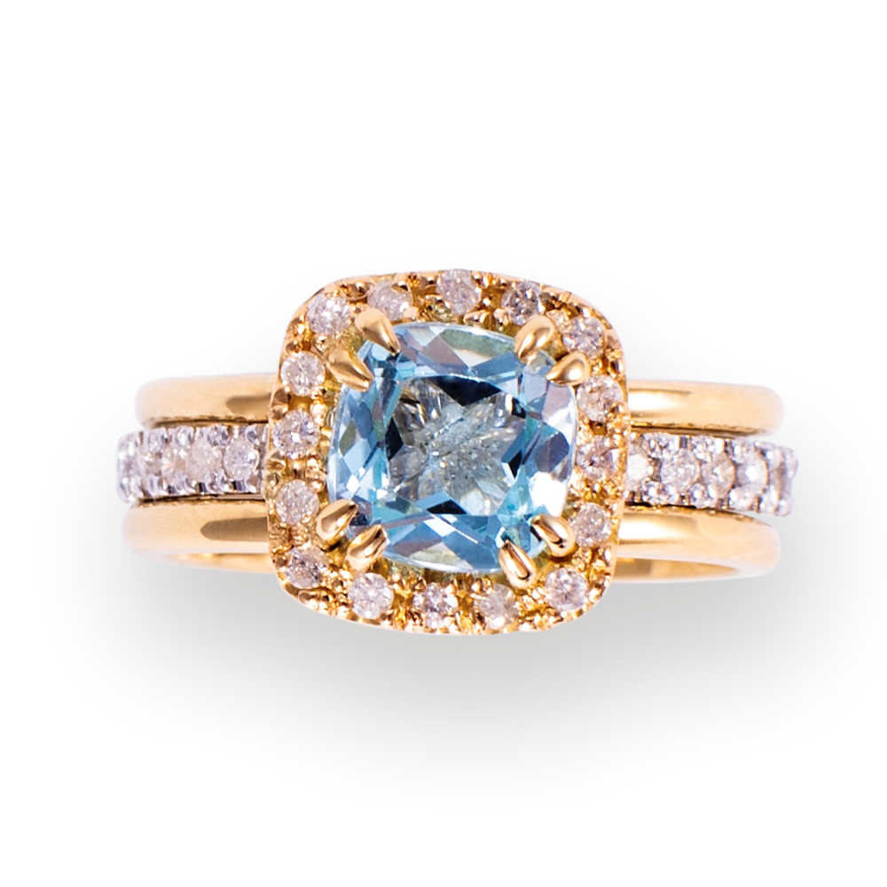 Anel Euphoria em Ouro Amarelo e Branco 18k com Água Marinha e Diamantes